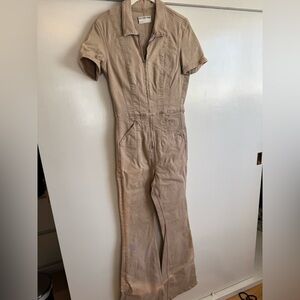 Free People Short-Sleeve Zip-Front Jumpsuit in Khaki Beige